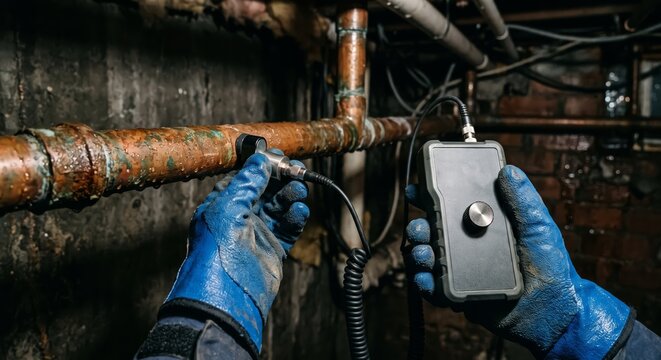 Plumber Using Leak Detector on Rusty Copper Pipe in Basement.