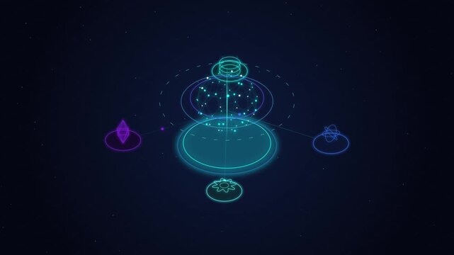 Technology icons set for AI Integration workflow diagram - AI platform, data sources, machine learning, API connection, cloud, automation, analytics, security - high quality isometric video