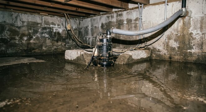 Submersible water pump in flooded residential basement foundation
