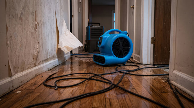 Industrial fans drying wet hardwood floor in flooded home hallway