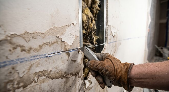 Worker cutting drywall with utility knife during renovation project