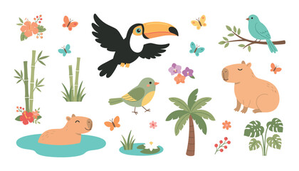 Obraz premium Tropical jungle wildlife vector icon set. Flying toucan bird, cute capybara rodent, palm tree, green bamboo, monstera leaves, butterflies and exotic flowers elements.
