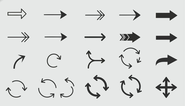 Comprehensive grid of arrow icons and rotation symbols for user interface design and directional navigation.
