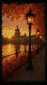 Paris Waterfront at Sunset with Historic Buildings Autumn Trees and Elegant Street Lamps Creating a Warm Atmospheric European City Travel Scene, Made of Flying Cubes