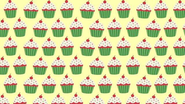 Cupcake seamless pattern background with sweet cherry cupcakes rising motion loop