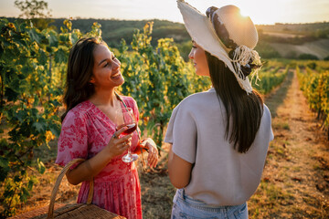 Obraz premium Two young women chatting and laughing together in a sunny vineyard