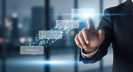 Obraz premium Business Growth Strategy businessman hand touching digital interface showing problem solution success steps ideal for corporate presentations and financial growth marketing.