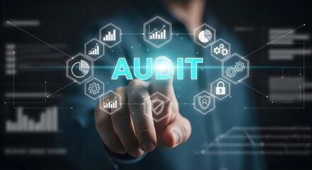 Obraz premium Professional Financial Audit Interface with businessman hand touching glowing digital text and data icons, ideal for corporate accounting and perfect for fintech marketing.