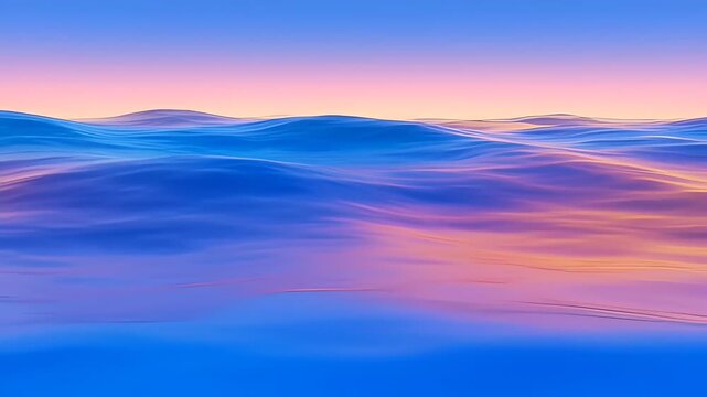 Calm blue ocean waves roll under a vibrant sunset sky