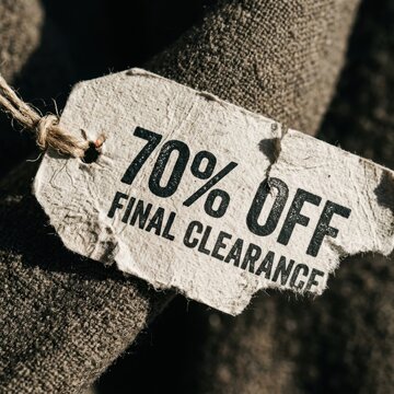 Tattered price tag displaying '70% OFF FINAL CLEARANCE' on a rough fabric background