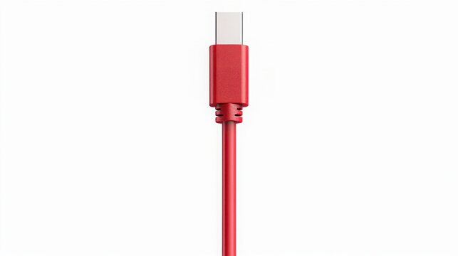 A single red universal serial bus charging cable connector isolated against a plain white background