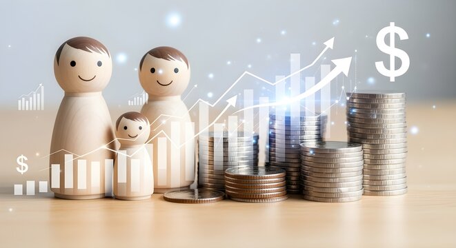 Family Financial Growth with wooden peg dolls standing beside increasing stacks of silver coins and a rising digital graph overlay, ideal for family savings plans and wealth management.