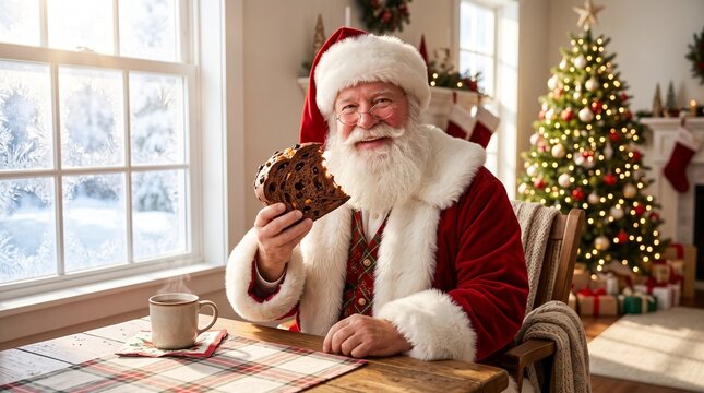 Santa Claus Eating Artisanal Dark Chocolate Panettone with Candied Citrus in Sunlit Room