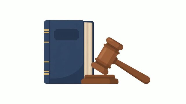 Gavel resting beside a large law book symbolizes the legal system and judicial authority in this clean vector illustration designed to represent justice, court proceedings, and legal services.