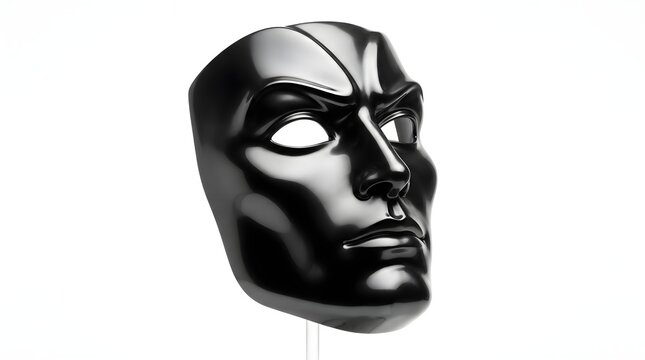 A glossy black sculptural face mask with a stern and dramatic expression, isolated against a clean white background