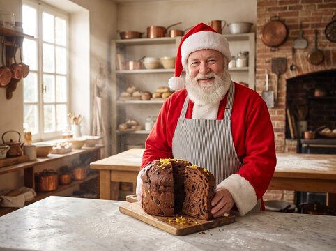 Cheerful Santa Claus Holding Dark Cocoa Citrus Panettone in Sunlit Rustic Bakery Kitchen