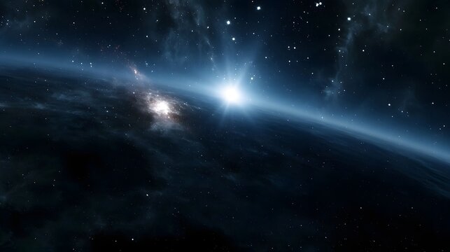 A cosmic vista showcasing a bright starburst  swirling nebulae  and a distant galaxy against a star studded void