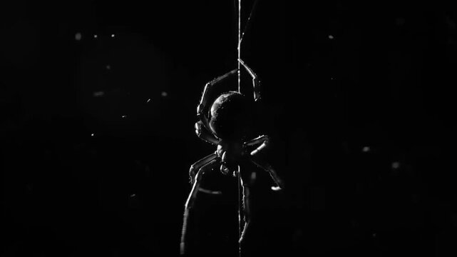 Spooky spider hanging from silk thread, macro shot of arachnid in darkness, creepy Halloween theme, low key black and white