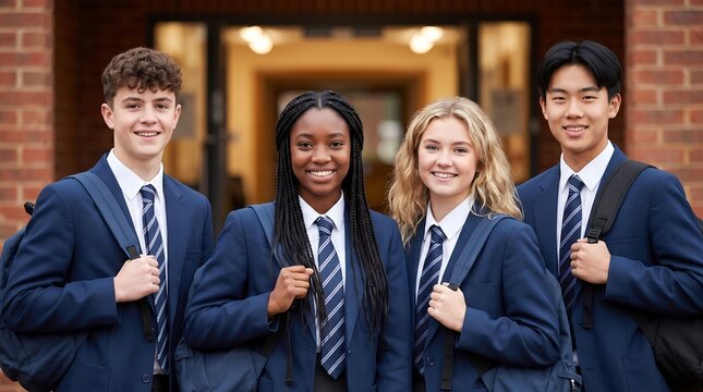 Title: Group of Diverse High School Students in Uniforms Smiling

