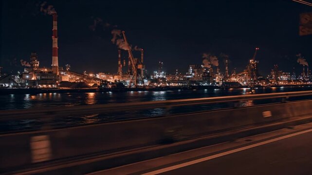走行中の車窓から見る夜の工業地帯