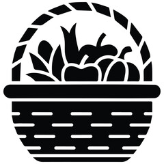 Fototapeta premium Woven harvest basket vector illustration filled with autumn produce and fruits silhouette.