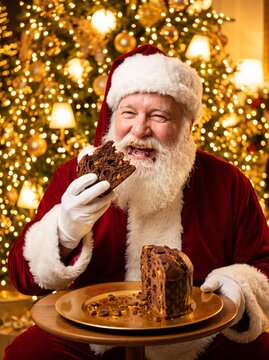Santa Claus Taking a Bite of Dark Chocolate Panettone Beside Radiant Christmas Tree Lights