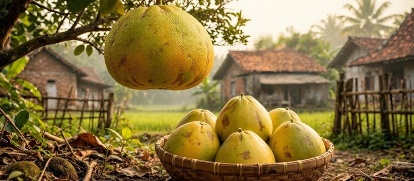 A wicker basket full of harvested yellow pomelo fruits on the ground under a pomelo tree in a rural Indonesian village with traditional houses and rice fields background. Harvest season concept