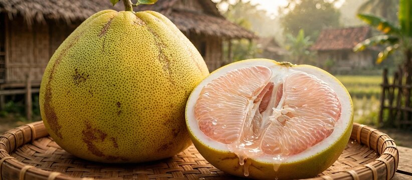 Whole and half cut fresh pink pomelo fruit showing juicy flesh on a woven bamboo tray in rural village background. Healthy tropical fruit and vitamin C concept.