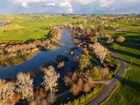 An aerial view of Lake Rerewhakaaitu in the Rotorua Lakes District of New Zealand in autumn. At the top of the photo, the Mangakino Stream drains into the lake