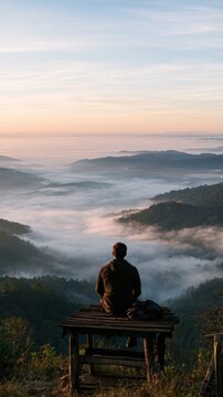 Person sitting on bench overlooking misty mountains