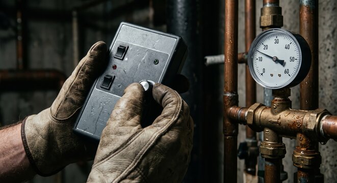 Gloved hands adjusting control panel with pressure gauge in industrial setting