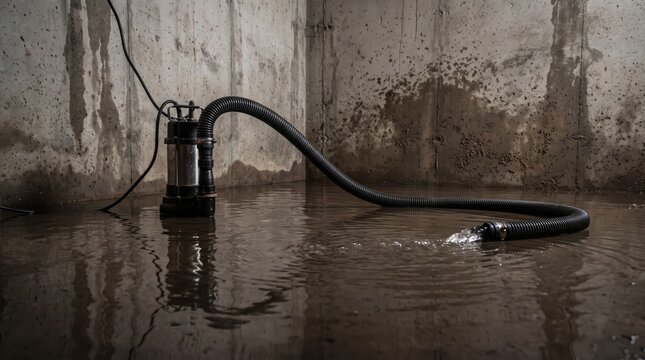 Submersible water pump draining flooded industrial basement concrete walls
