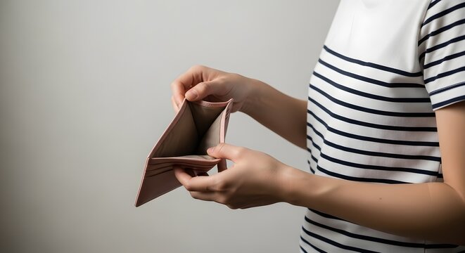 Financial Crisis Concept woman in striped shirt holding an empty pink leather wallet against a neutral background ideal for personal finance blogs and debt management articles.