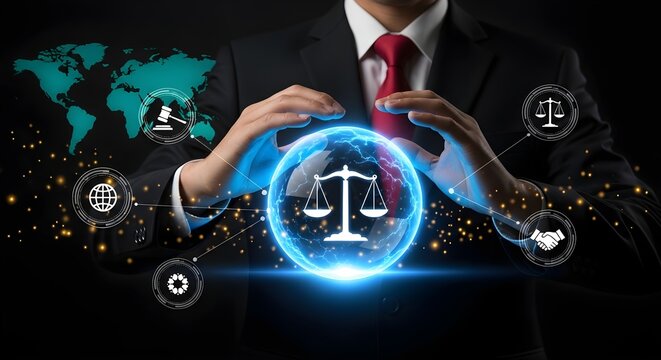Global Legal Technology Concept featuring a businessman protecting a glowing digital scales of justice sphere with world map icons, ideal for law firm websites and legal tech marketing.