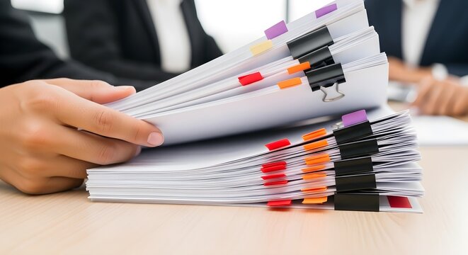 Professional Document Review featuring hands flipping through a thick stack of papers with colorful sticky tabs and binder clips. Ideal for legal services and corporate auditing.