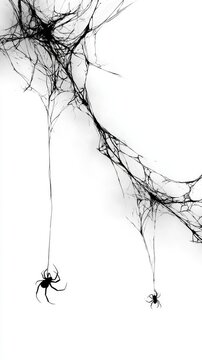 Two spiders hanging from webs on white background