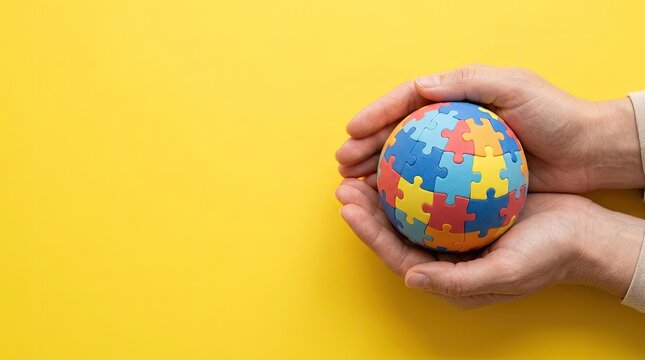 Hands holding a colorful puzzle globe representing global awareness and support for autism spectrum disorder on yellow