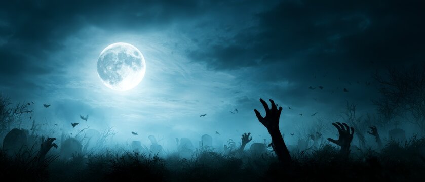 Zombie hands rising in a graveyard under a full moon