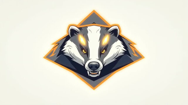 Cartoon badger face with orange eyes.
