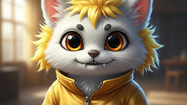 Cartoon cat in yellow jacket smiling.