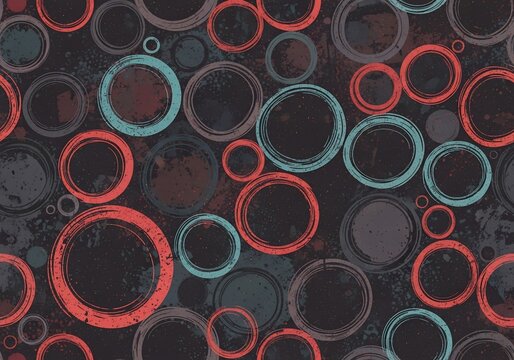 Textured circular pattern, abstract organic shapes, red and teal rings, dark background, graphic design element, repeating motif, grunge texture.