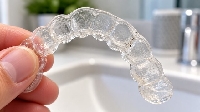 Macro close-up of clear orthodontic retainer with small visible crack running from edge near one tooth impression, realistic worn dental appliance
