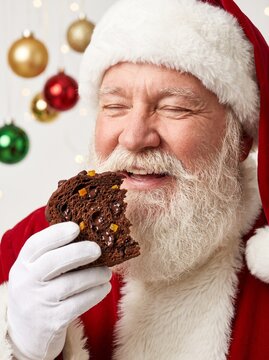 Close Up Portrait of Santa Claus Delighted by Dark Chocolate Citrus Panettone Flavor