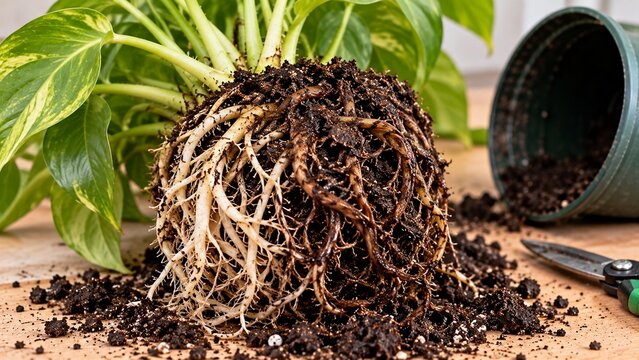 Close-up of houseplant removed from pot showing several dark brown soft deteriorating roots among remaining healthy pale roots, realistic root-rot diagnosis