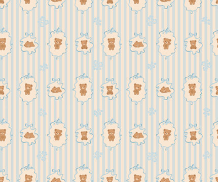 Cute Teddy Bear Seamless Pattern Pastel Hand Drawn Kids Design