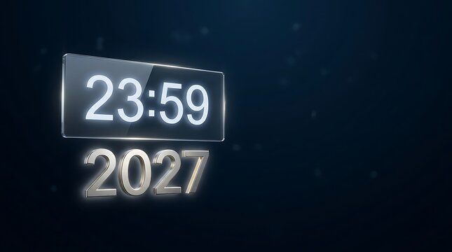 Digital clock display showing time twenty three fifty nine and the year twenty twenty seven on dark background