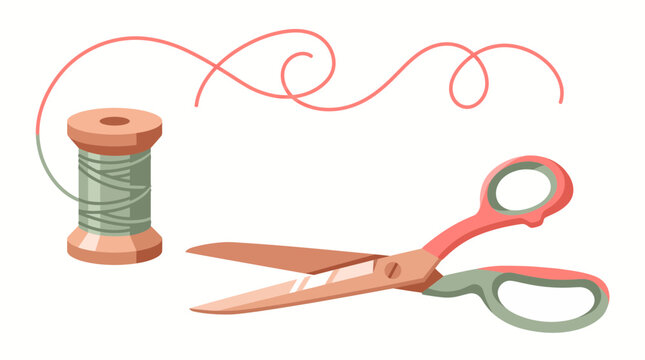 Vector illustration of a wooden spool with green thread and sewing scissors on a white background, illustrating tailoring craft and handmade garment design