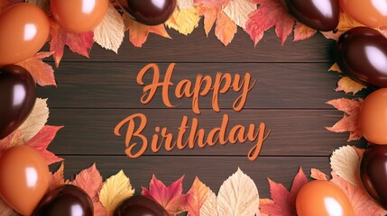 Obraz premium Happy Birthday text framed by autumn leaves and colorful balloons on wood background