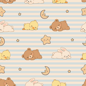 Cute Sleeping Animals Pattern Seamless Background Pastel Hand Drawn Vector