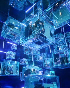 Glowing transparent cubes with circuit-like details float in a dark blue space, showing a futuristic digital network and data storage concept.